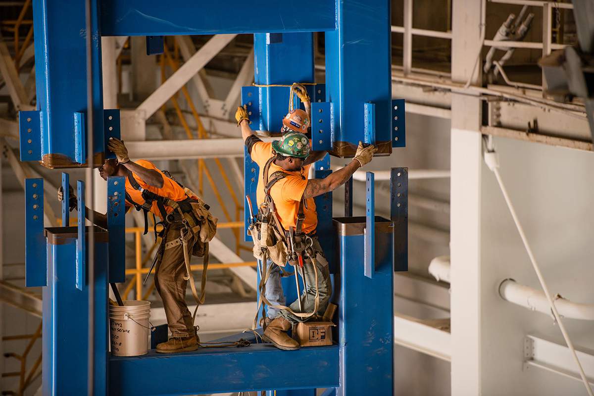 Steel erection jobsite with crane